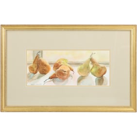 Carol Magnatta Signed Watercolor Painting – Pears on a Window Sill, Framed Still Life