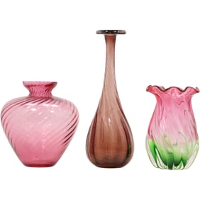 3 Assorted Art Glass Swirl Vases, Various Colors and Sizes