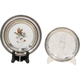 2 Sterling Silver Rimmed Accent Dishes Porcelain Center and Glass Center