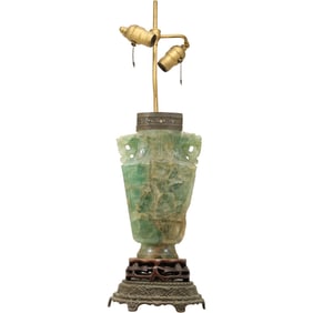 Antique Chinese Carved Jade Quartz Jadeite Rosewood & Brass Table Lamp 26 in. overall height