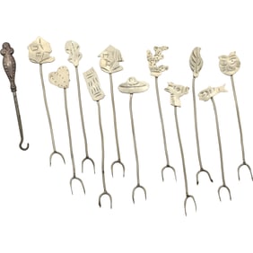 11 Alpaca Mexico Silver Hors d'oeuvres Picks and 1 Sterling Handles Knitting Hook