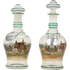 2 Vintage Glass Bourbon Decanters with Hand Painted English Carriage Scenes 12 in. height