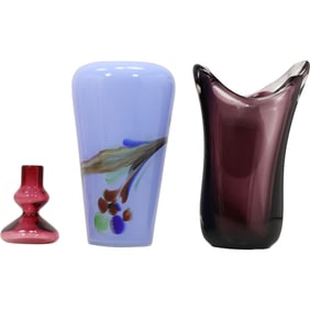 3 Assorted Art Glasses Vases in Various Colors, Various Sizes