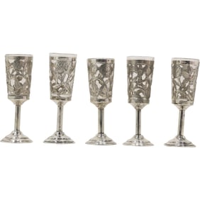 Set 5 Mexico .925 Sterling Silver Stemmed Cordial Glass Lined, 4 in. height