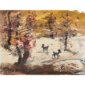 Morris Katz 1987, Jewish - American, Acrylic Painting on Board, Deer in Winter Thaw Landscape