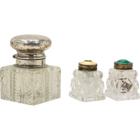 2 Enamel Top Crystal Jars and Sterling Silver Top Inkwell with Crystal Glass Base