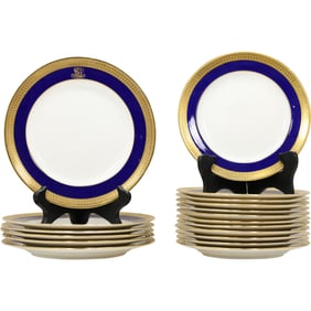 [18] MINTONS England Fine Porcelain Gold & Cobalt Rim 12 Luncheon Plates, 6 Desert Plates