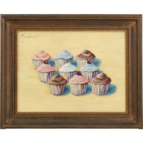 Wayne Thiebaud, attributed, (1920 - 2021) , "Nine Cup Cakes", Oil on Board Painting Bears Signature