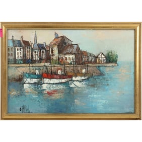 C Fakish, Oil Painting Mid-Century Modern Boats in a Waterfront Harbor, Framed