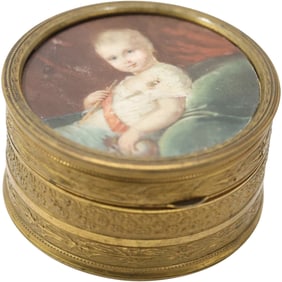 Antique 19th Century Brass Dresser Box with Hand-Painted Miniature Portrait on Lid