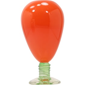 Signed Roth? Studio Art Glass Vase Bright Orange with Green Threaded Pedestal Base 10.5 in. h.