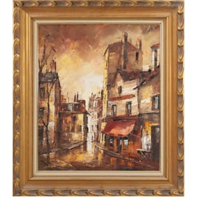 Signed Java 1971 Paris Oil on Canvas Painting Town Street Scene Mid-Century Modern, Framed
