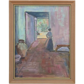 Vintage Oil on Canvas Painting Woman in Interior Cabin, Framed