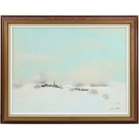 Andre Ingres (Born 1938) France, Oil Painting Winter Landscape with Town, Signed, Framed