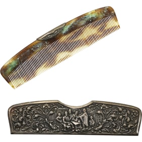 Vintage Hair Comb in Fancy Silver Repousse Case Holder, Embossed Scene with Figures