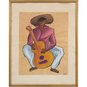 Miguel  Conde [b. 1939 American / Spain] Gouache Painting Figure with a Guitar, Framed