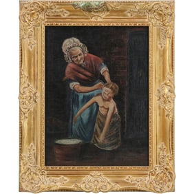 Vintage Oil on Canvas Painting "Cleaning Ears" , Framed