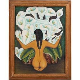 Nude with Calla Lilies after Diego Rivera, Giclee on Canvas Artwork, Framed
