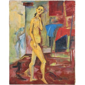 Mid-Century Modern Oil on Canvas Painting Standing Nude in Interior Scene 24 in. x 18 in.