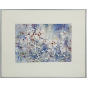 Fran Scully, Maine / Ct., Watercolor Painting "Wildflowers" with Exhibition Labels on Verso