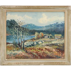 Signed Schikuz, Vintage Oil on Board Painting, Valley Landscape with Lakeside Cabins