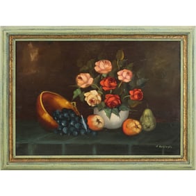 Signed H Hubregts, 19th C. Dutch School Oil on Board Painting Still Life with Flowers, Fruit