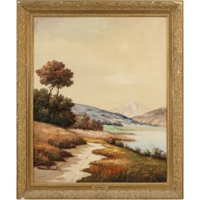 Martinelli, Vintage Oil on Canvas Painting Landscape with Lake, Stream, Figures