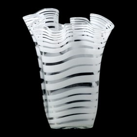 Tall White Stripe Ruffled Art Glass Vase 11.5 inches height x 9.5 inches wide