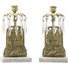 Pair Bronze Candlesticks "Four Seasons Figures" with Crystal Glass Prisms 11.5 in. height