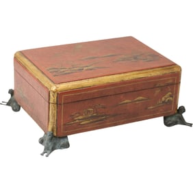 Chinoiserie Lacquered Wood Box on Egyptian Sphinx Legs 15 in. x 12 in. ; 6 in. height