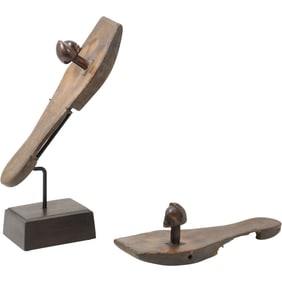 Pair Early Wooden Indian Paduka Sandles with Carved Face Knobs