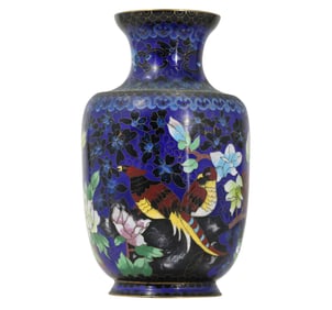 Vintage Blue Cloisonné Vase with Intricate Floral and Bird Design