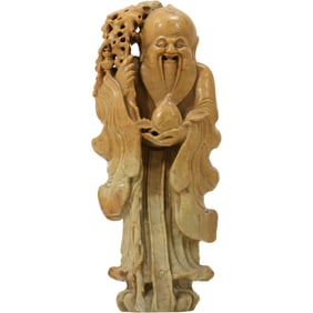 Vintage Shou Lao God of Longevity Soapstone Carving – Intricate Hand-Carved Sculpture