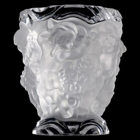 Lalique-Style Frosted Crystal Vase with Cupids and Floral Garlands – 20th Century