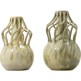 Pair of Handcrafted Art Pottery Vases with Sculptural Vein-Like Top Design – Modernist Style