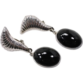 Mexico TL-41 .925 Sterling Silver with Large Black Onyx Stone Clip-on Earrings, 2 5/8 in. x 1 in.