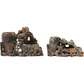 Pair of Intricately Carved Chinese Soapstone Vase Group Sculptures – Vintage Oriental Art