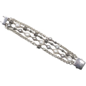 Michael Dawkins .925 Sterling Silver with Freshwater Cultured Pearls 4-Strand Bracelet 7 in. x 1 in.