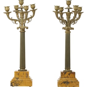Pair of Tall Neoclassical Bronze 5-Light Candelabra – Elegant Design with Marble Bases