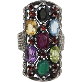.925 Sterling Silver with Emerald, Ruby, Citrine, Blue Topaz, Peridot & Garnets Ring Size 8.5