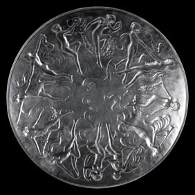 Vintage Consolidated Glass Embossed "Dancing Nymphs"  Plate, 10 in. diameter,  Satin Glass