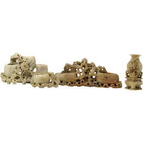 4 Assorted Carved Chinese Soapstone Sculptured Vases in Various Sizes