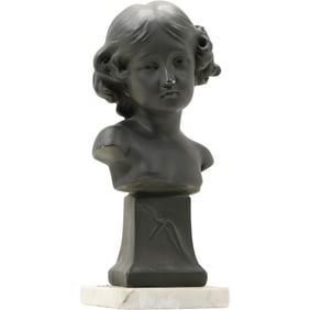 Tall Bust of a Young Woman Mounted on White Marble Base 12 inches height