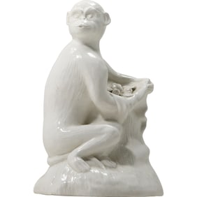 Italian White Glazed Porcelain Monkey Figure Holding Offering of Fig Leaves 10.75 in. height x 7 in.