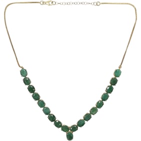 marked "V" .925 Sterling Silver Emerald Necklace, 19 Emerald Stones each 1/4 in. x 3/8 in.