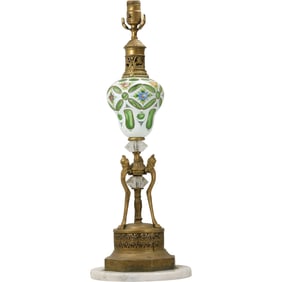 Circa 1920s Green and White Bohemian Glass Font Table Lamp on Bronze and Crystal Base