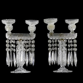 Pair Exquisite 19th C. Fine Cut Glass Crystal Double Candlestick Lustres 11 in. height, Glass Prisms