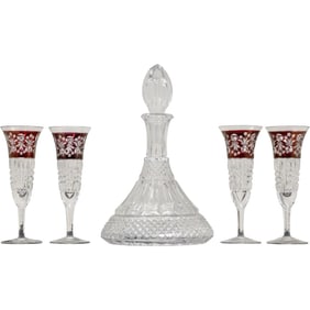 Glass Ship's Decanter with 4 Ruby and Crystal Glass Stemware