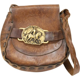 Vintage Leather Satchel with Brass Plaque Man on Horse, 11 in. x 11 in.