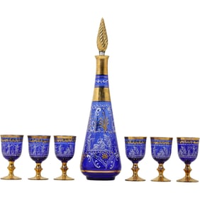 Cobalt Blue Glass Decanter with 6 Cordial, Grecian Figures Motif, Gold Gilt Accents